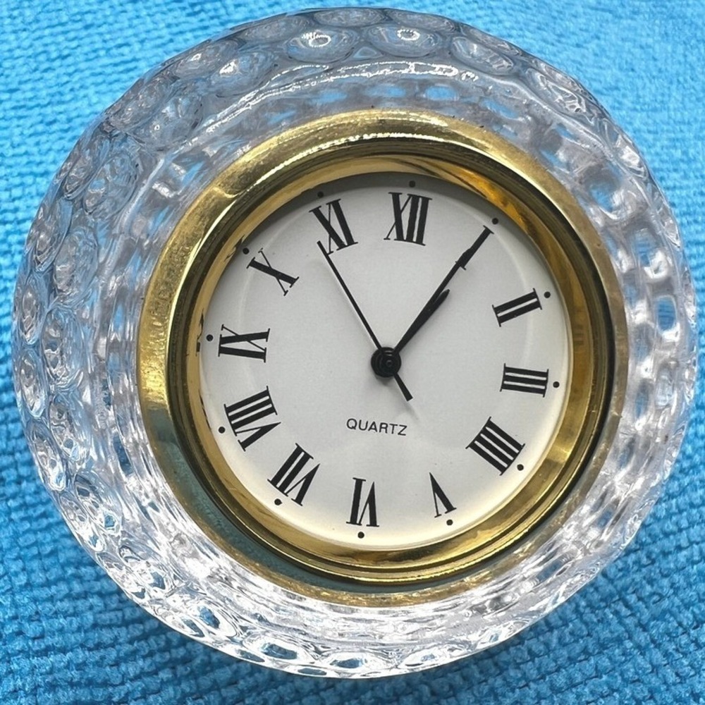 Vintage Crystal Desk Clock Paper Weight Quartz 24% Lead Golf Ball Sports READ
